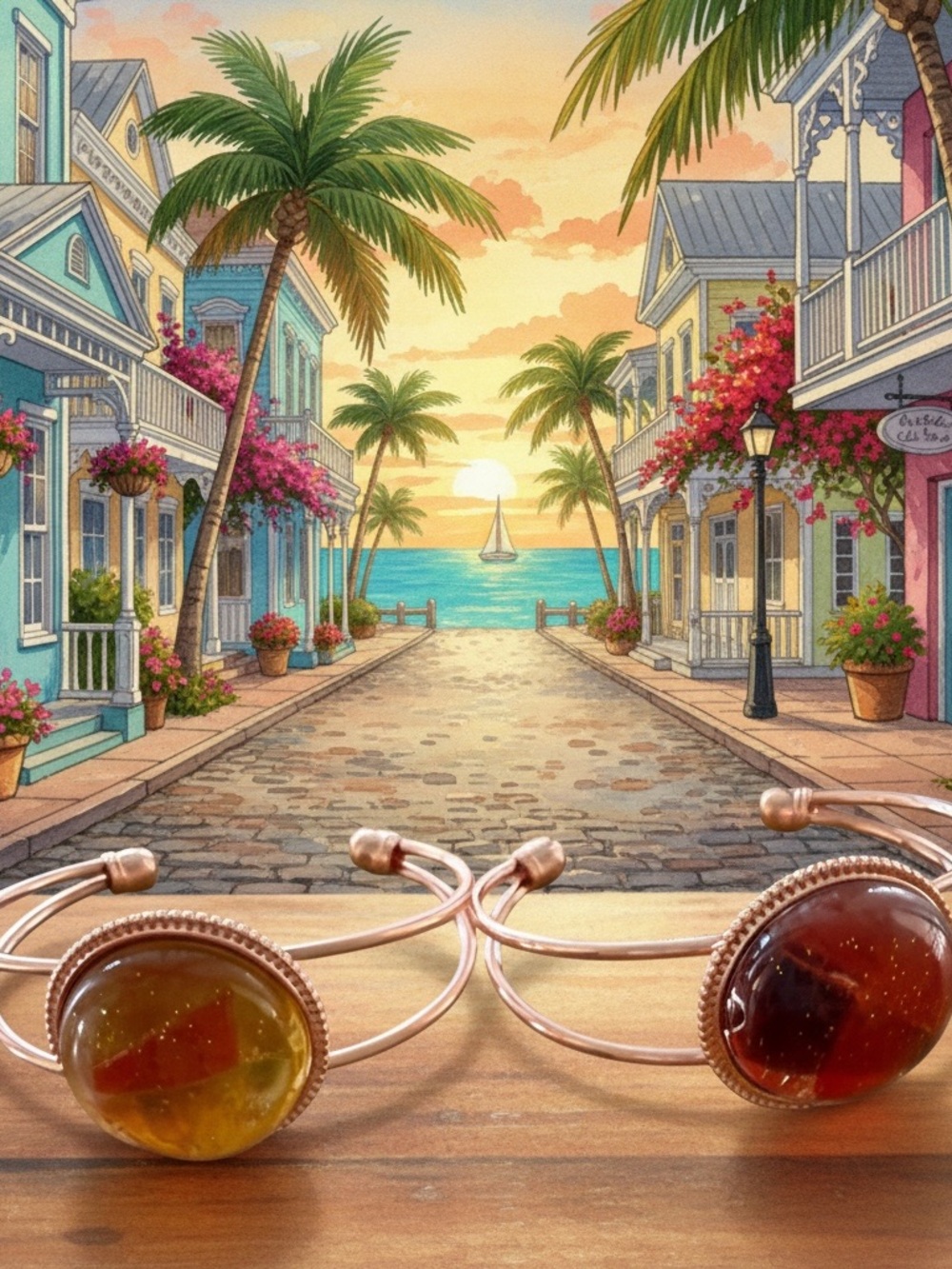 Key West Artist Pair of Beach Glass Resin Copper Color Bangles